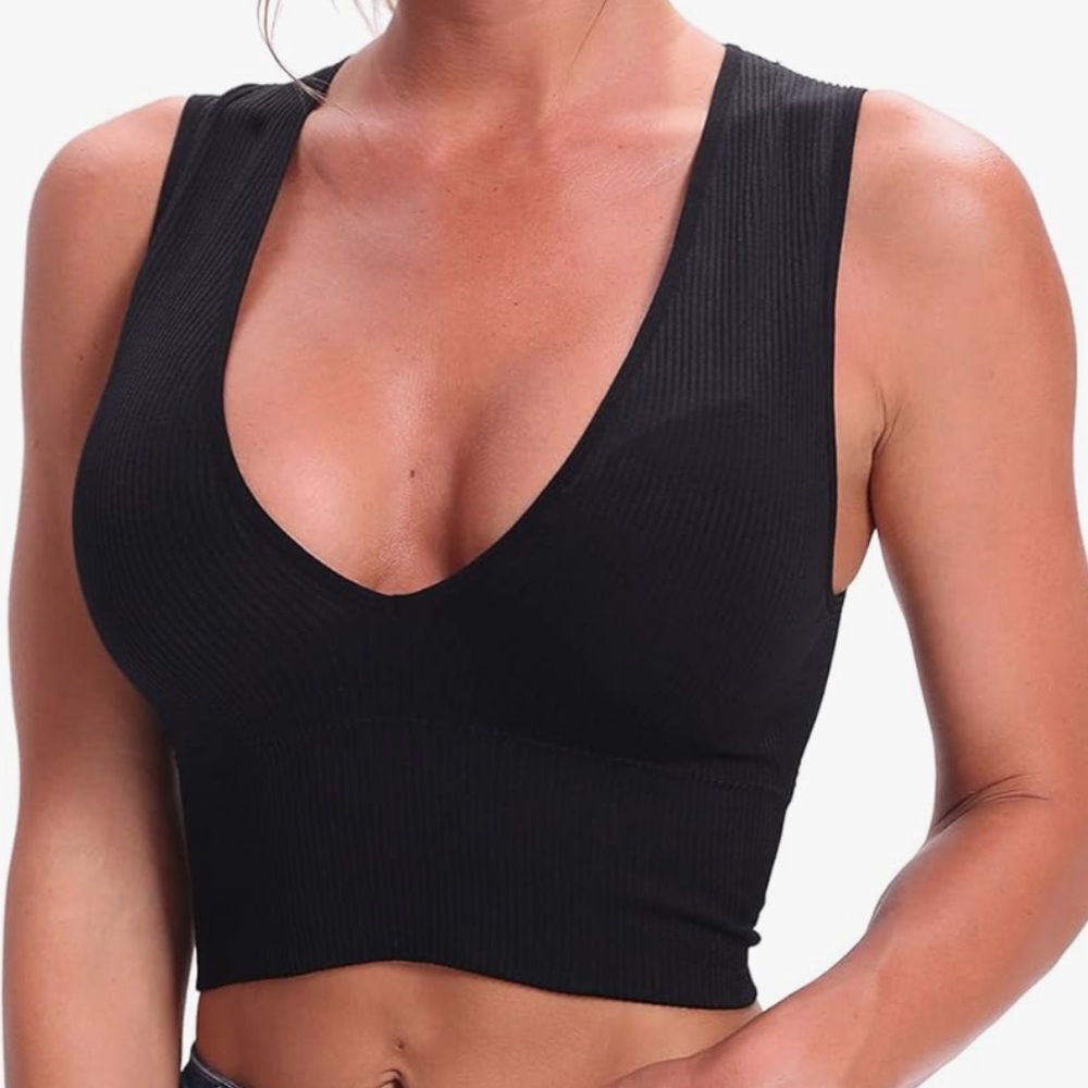 Sleeveless Ribbed Deep Plunge Black V Neck Crop